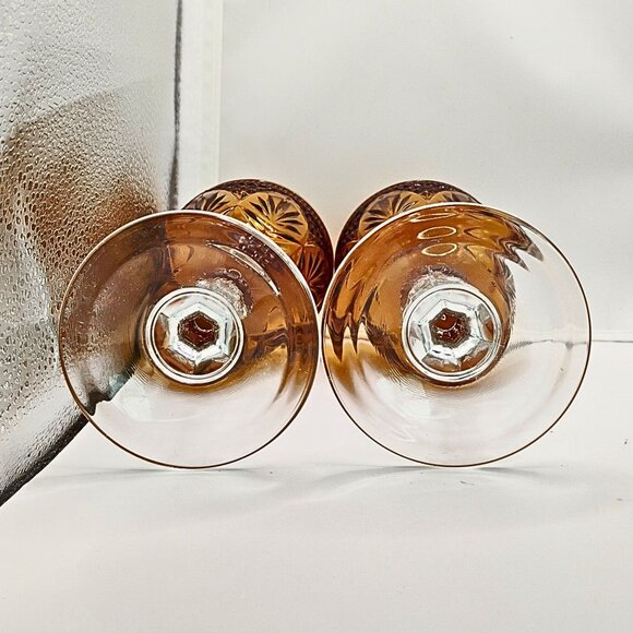 Cristal D'Arques Durand Antique Amber Glass Water Goblet Set Chalice Art Etched - Picture 3 of 3